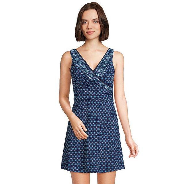 Womens Lands End Tummy Control Surplice Faux-Wrap One-Piece Swim Dress Blue Geo Border Product Image