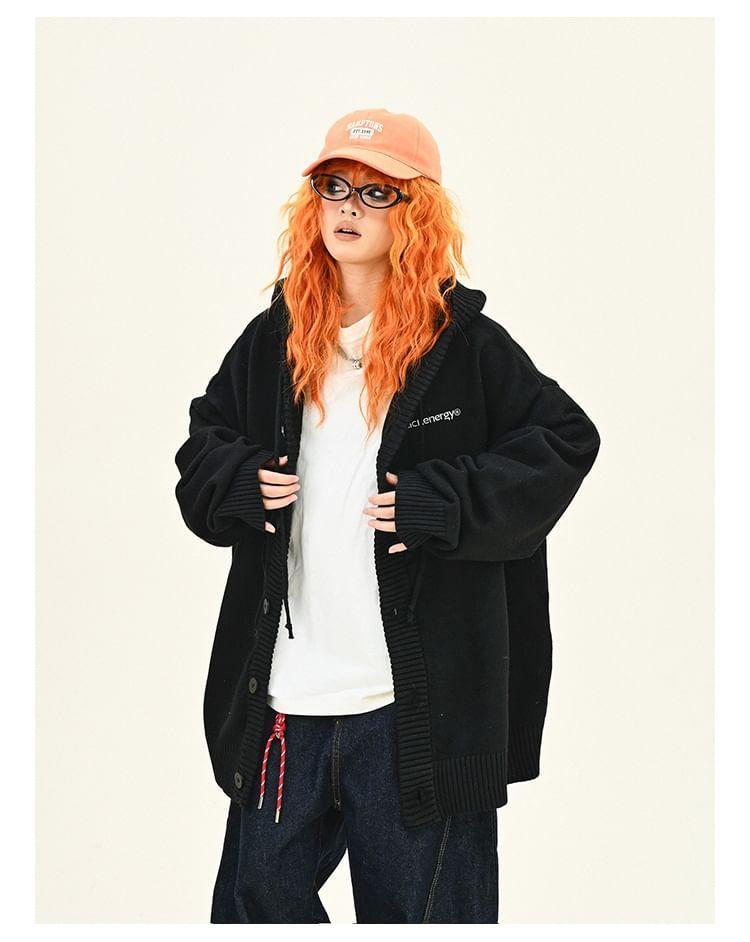 Drop Shoulder Hooded Lettering Button Up Oversized Cardigan Product Image