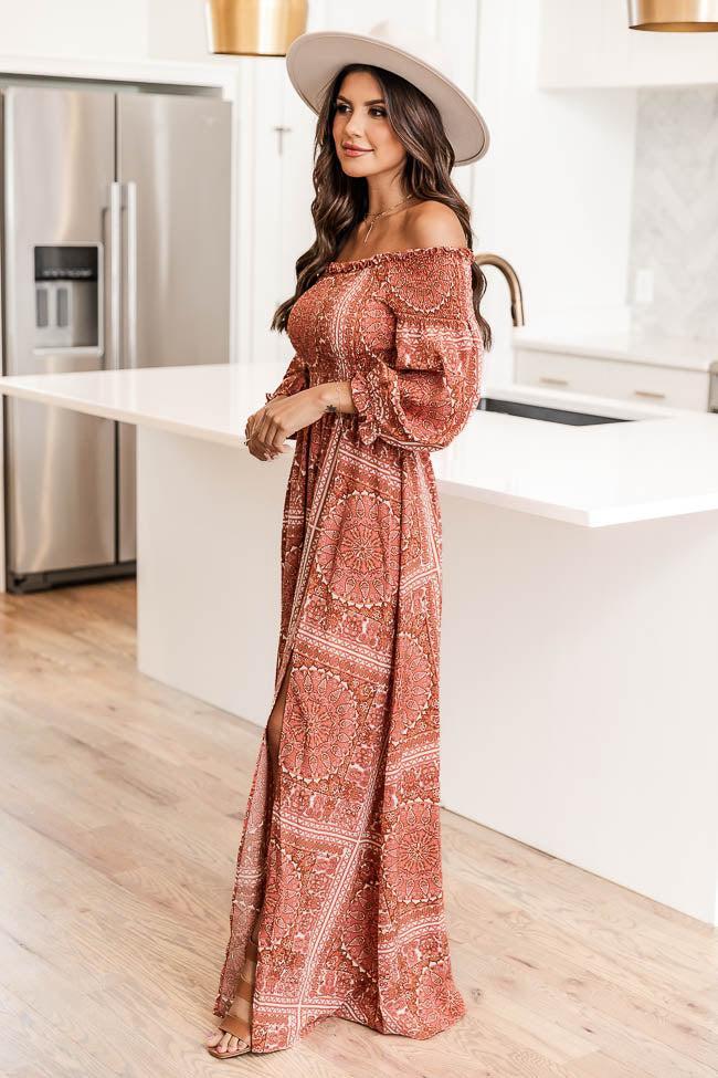 Sounds In My Mind Brick Smocked Bust Off The Shoulder Printed Maxi Dress Product Image