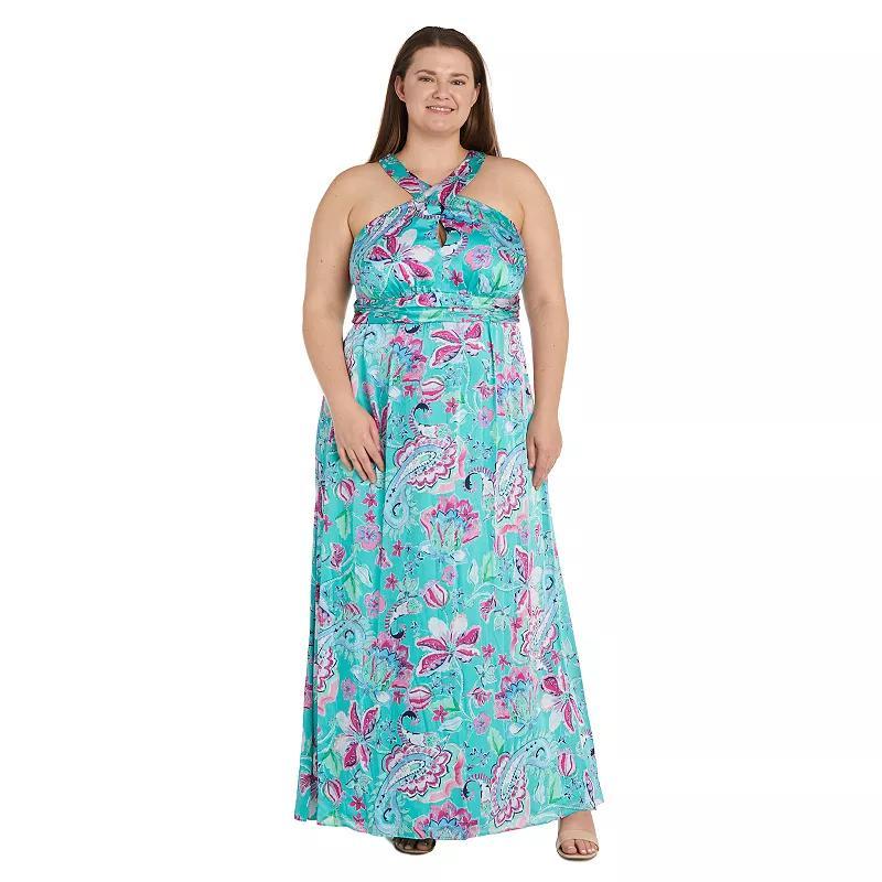 Plus Size R&M Richards Satin Crossover Halter Evening Gown, Womens Green Pink Product Image