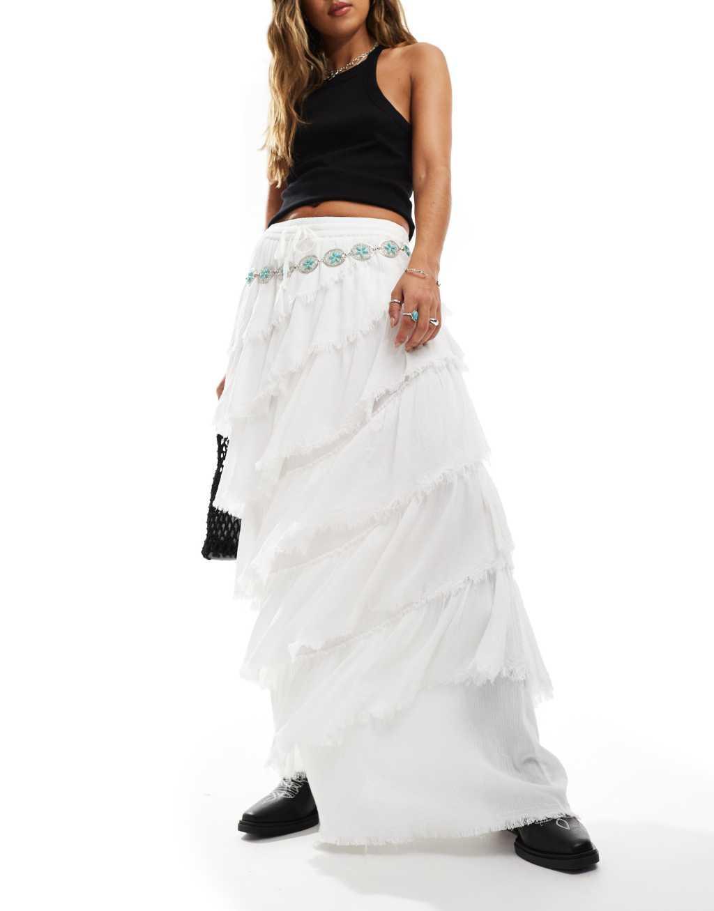 Miss Selfridge textured asymmetric tiered frayed edge maxi skirt in white Product Image