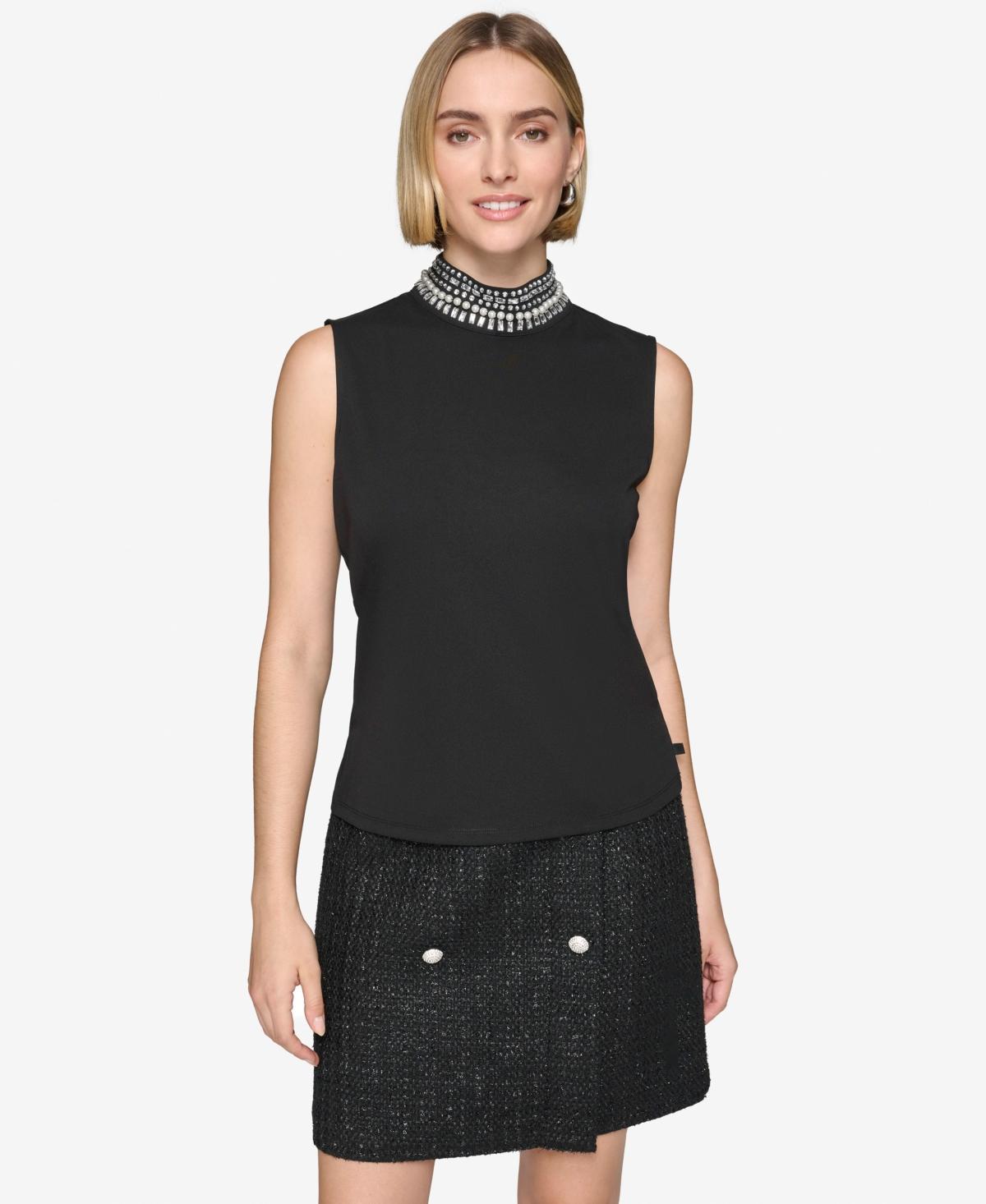 Karl Lagerfeld Paris Womens Embellished-Neck Sleeveless Top Product Image