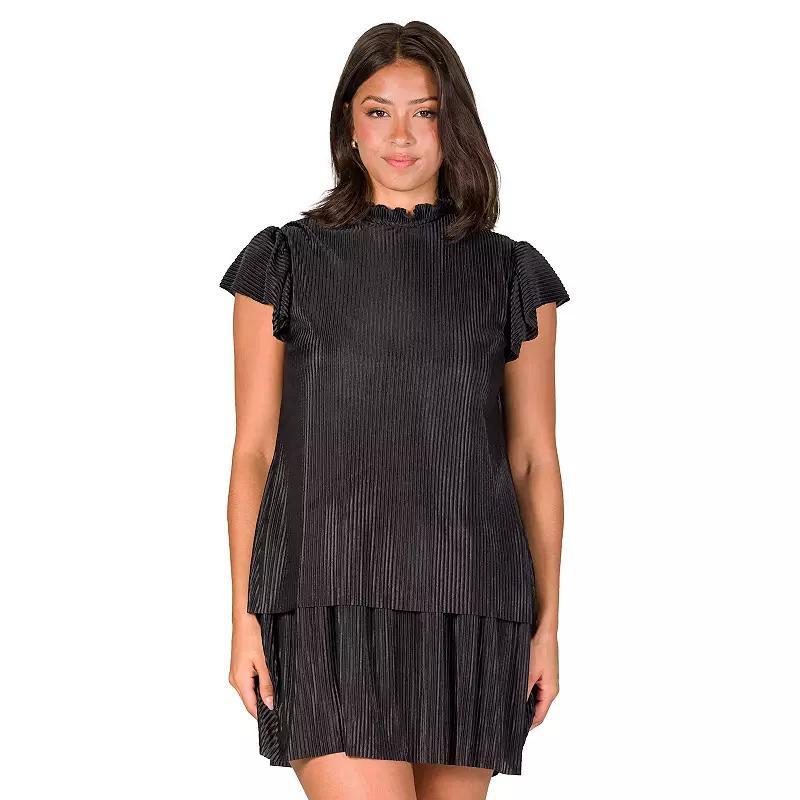 Womens 24Seven Comfort Apparel Ruffle Cap Sleeve High Neck Pleated Tiered Mini Dress Product Image