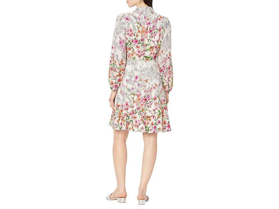 Maggy London Long Sleeve Mini Dress with Neck Tie (Ivory/Pink Bud) Women's Dress Product Image