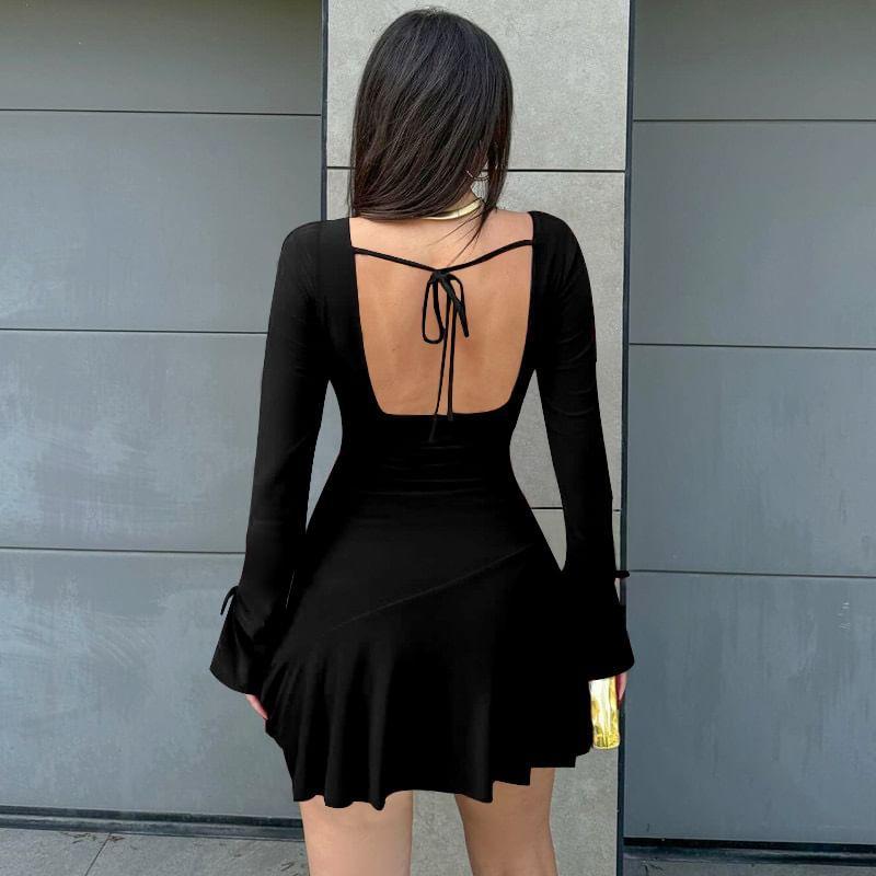 Bell Sleeve V-Neck Plain Open-Back Slim-Fit Mini A-Line Dress Product Image