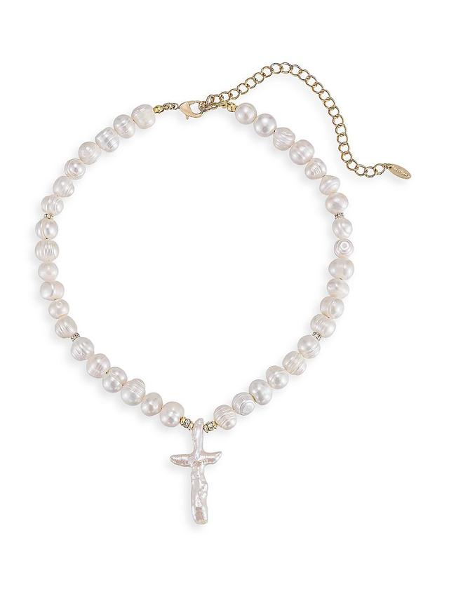 Womens 18K Gold-Plated, Freshwater Pearl & Glass Cross Necklace Product Image