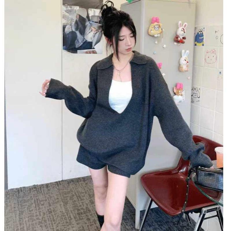 Set: Long-Sleeve Polo-Neck Plain Sweater + High Waist Shorts Product Image