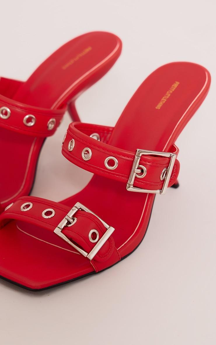 Red Pu Square Toe Double Buckle Mid Heeled Mules Product Image