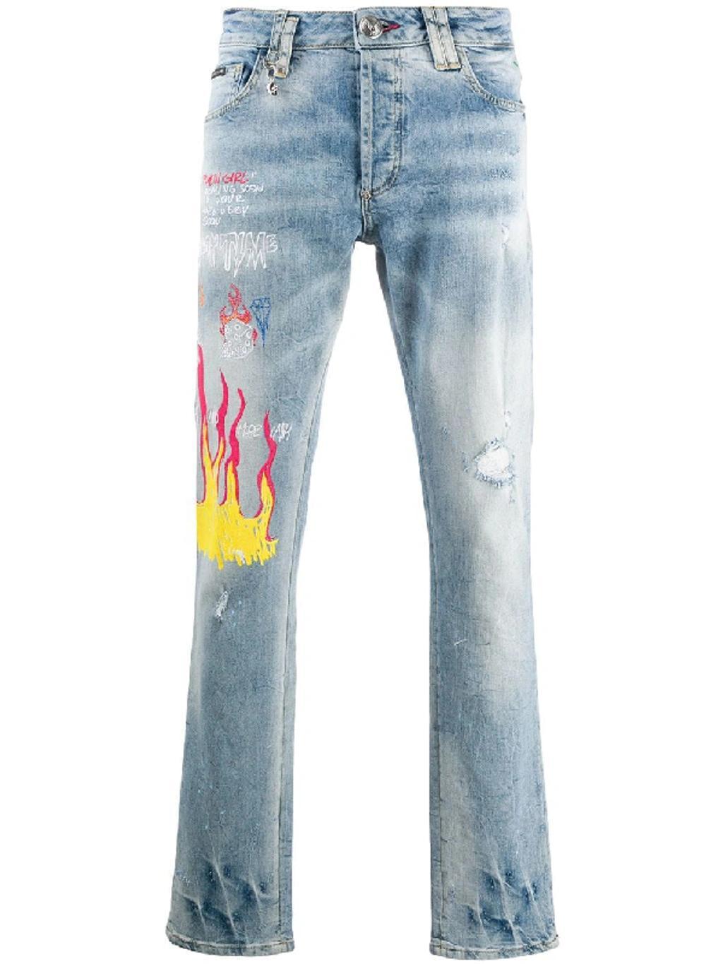 Straight Leg Graffiti Jeans In Blue Product Image