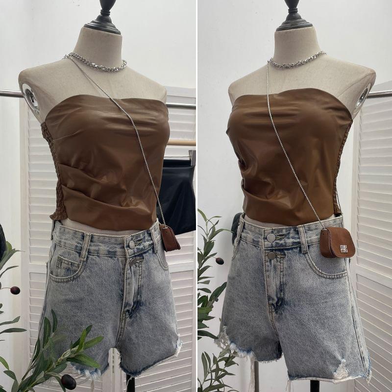 Strapless Faux Leather Plain Ruched Crop Top Product Image