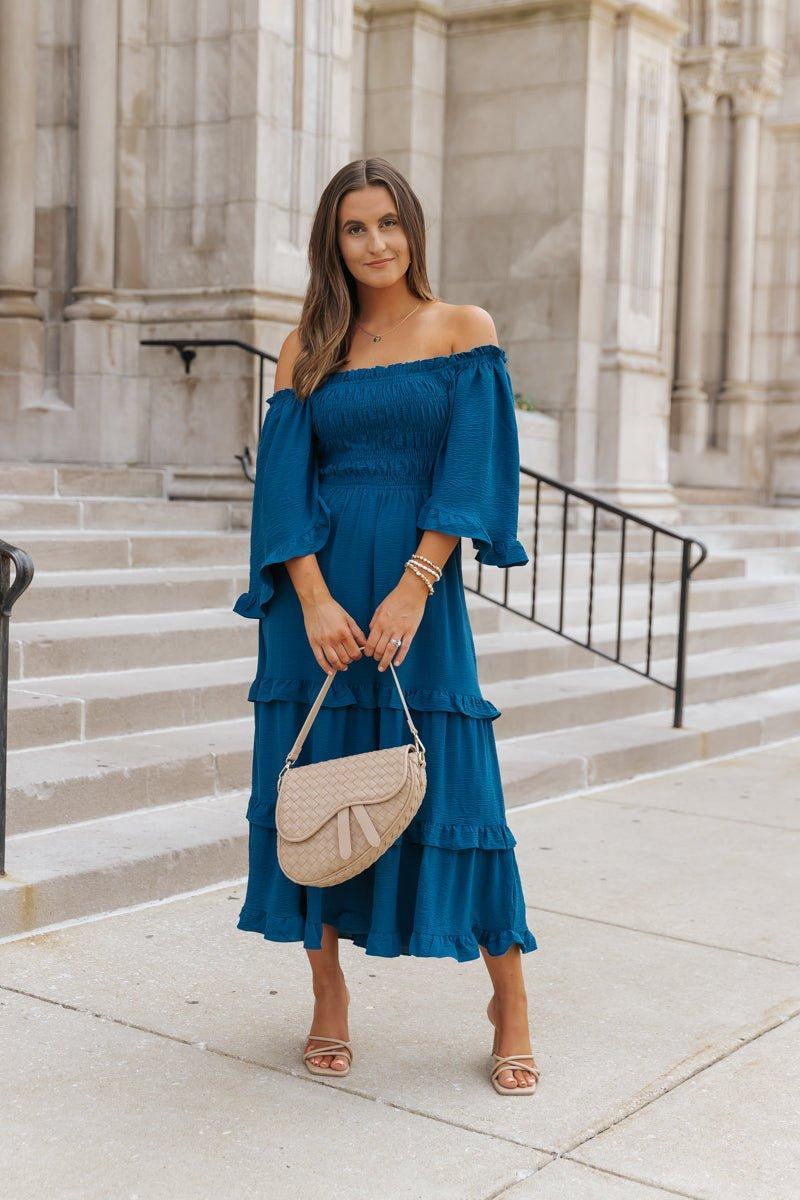 Blue Off The Shoulder Tiered Midi Dress - FINAL SALE Product Image