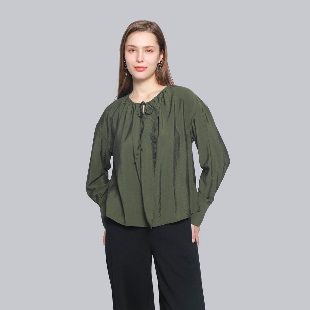 Women's Ruffle Long Sleeve Blouse - A New Day™ Green XXL Product Image