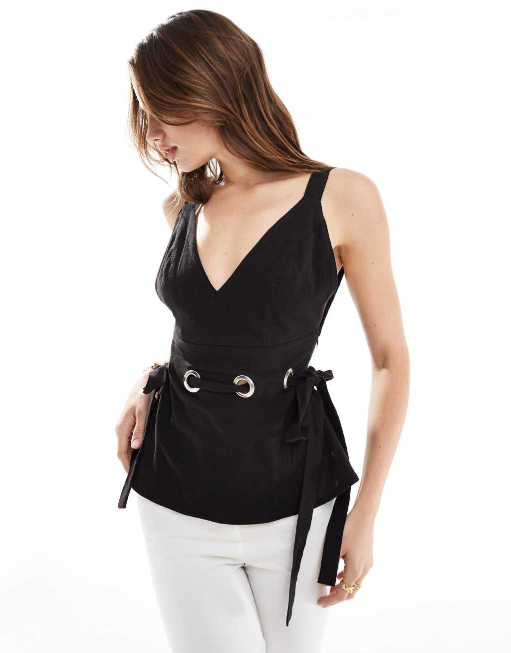 ASOS DESIGN linen cami top with eyelet detail in black Product Image