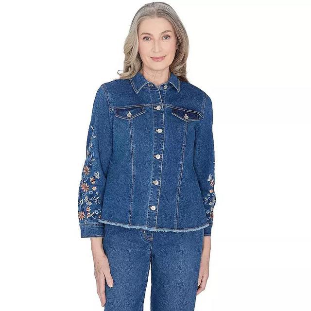 Petite Alfred Dunner Floral Embroidered Denim Fringe Hem Jean Jacket, Womens Medium Blue Product Image