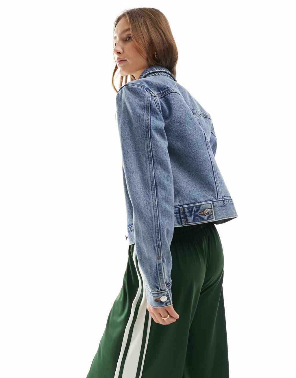 Miss Selfridge denim girlfriend jacket in mid blue wash product image