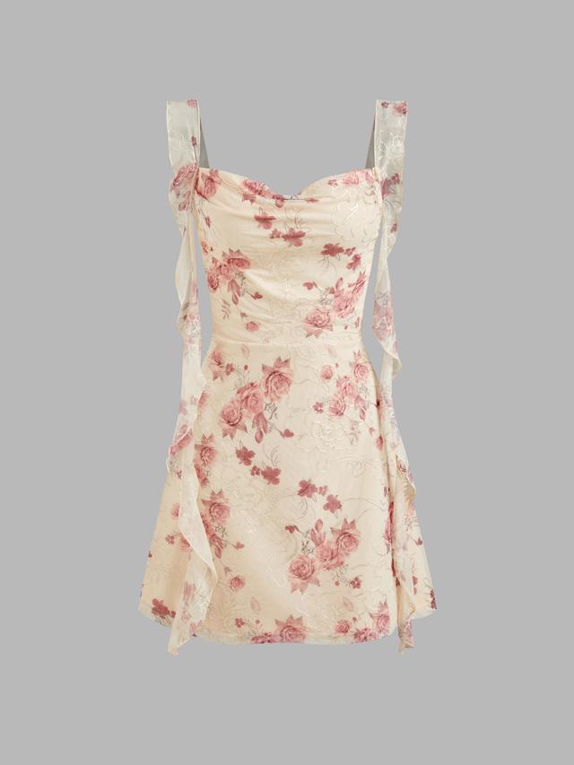 Cowl Neck Floral Ruffle Hem Mini Dress Product Image