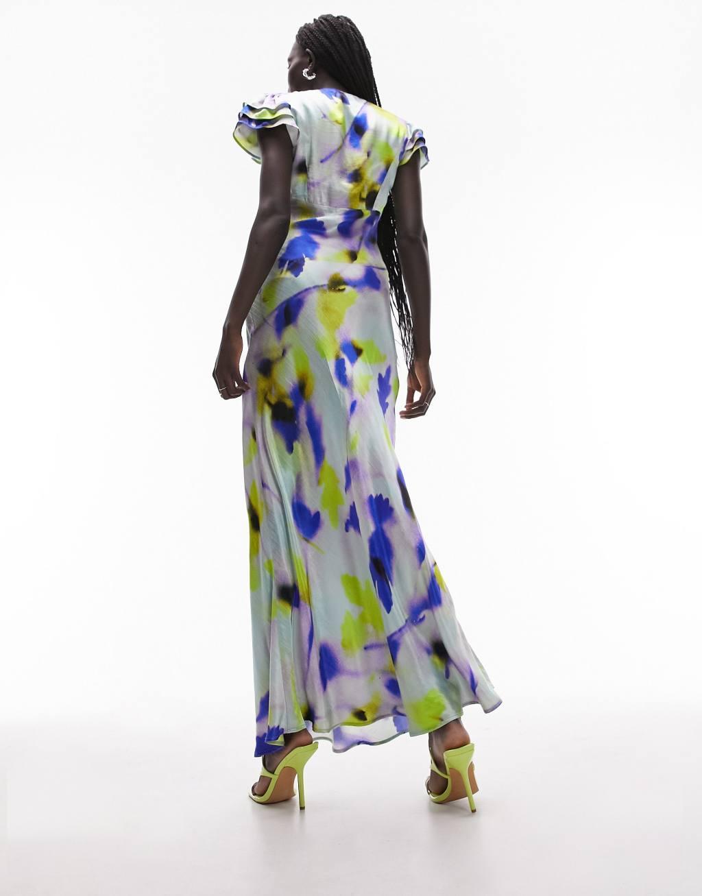 Topshop angel sleeve tie back midi dress in floral print Product Image