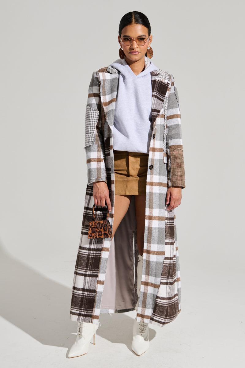 MIXED PLAID NOT FEELINGS PATCHWORK TRENCH Product Image