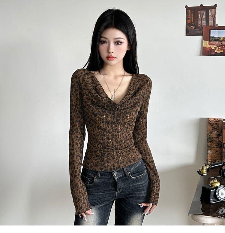 Long-Sleeve Cowl Neck Leopard Print Tee Product Image