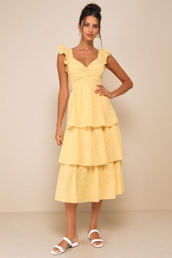 Charming Decision Yellow Swiss Dot Ruched Tiered Midi Dress product image