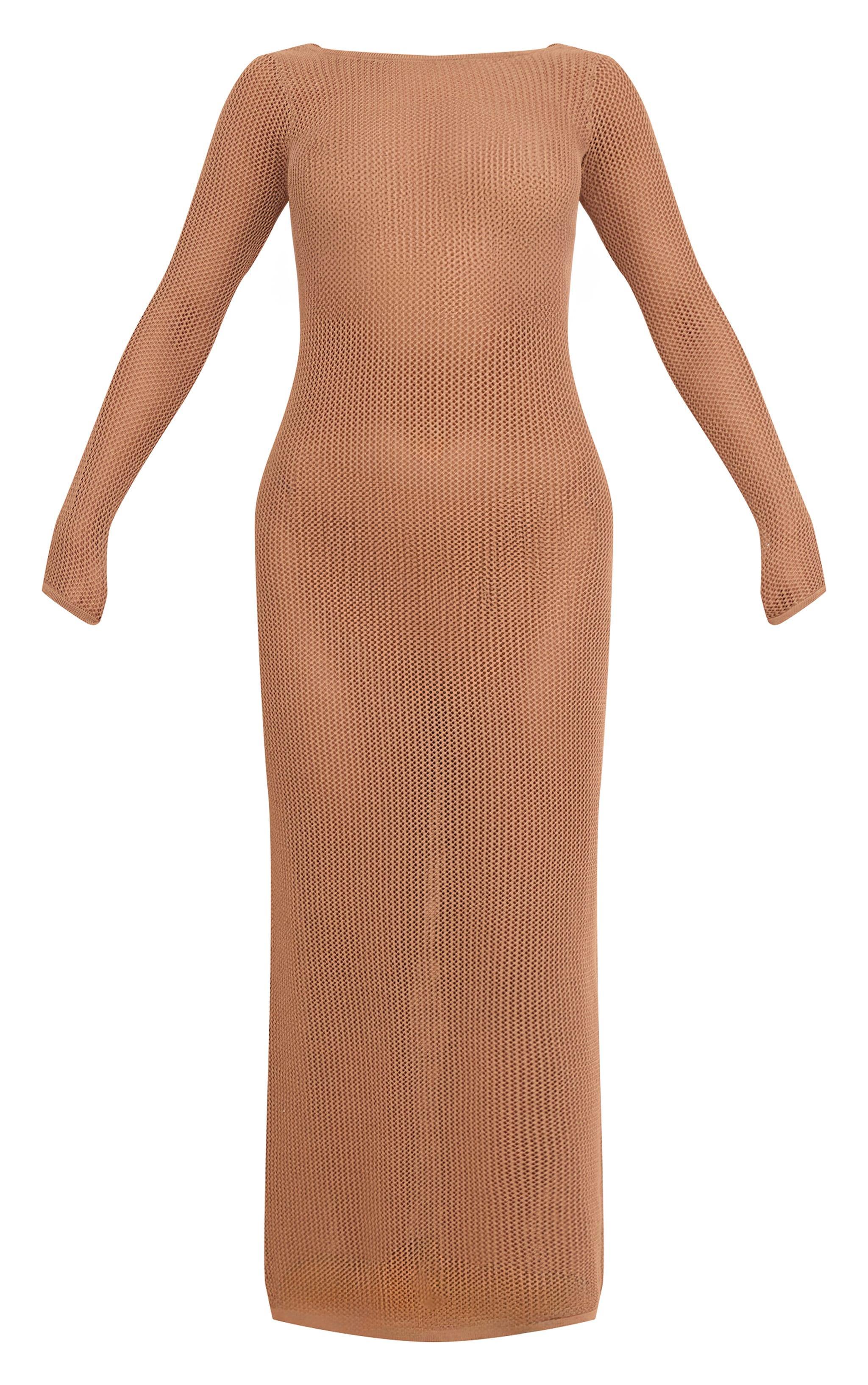 Mocha Basic Crochet Knit Open Back Maxi Dress Product Image