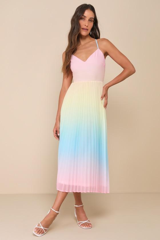 Sweetly Trendy Pink Multi Ombre Pleated Tie-Back Midi Dress Product Image