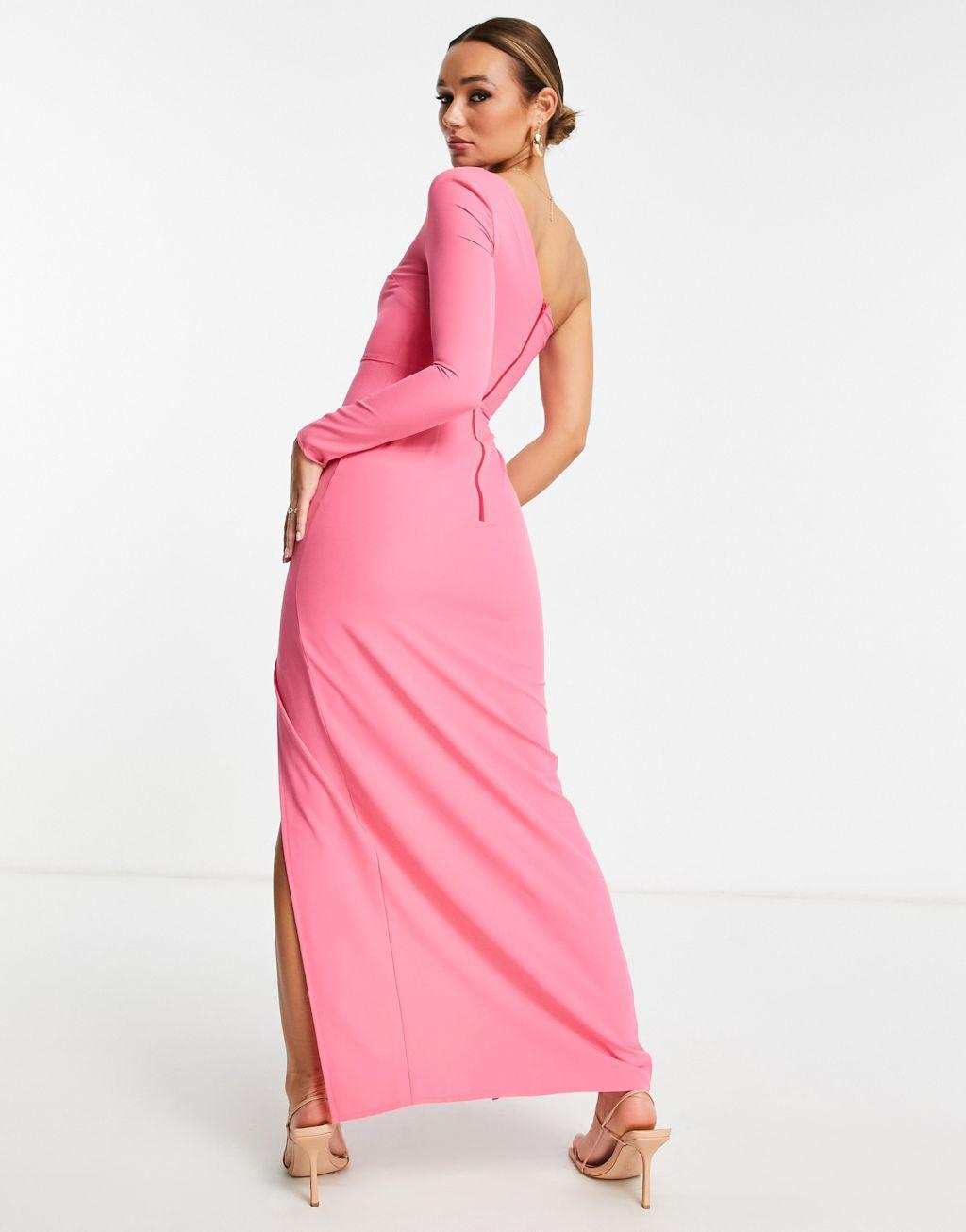 Vesper one shoulder thigh split maxi dress with exposed zip in pink Product Image