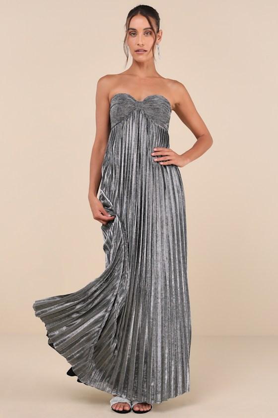 Glittering Luxury Silver Lurex Pleated Strapless Maxi Dress Product Image