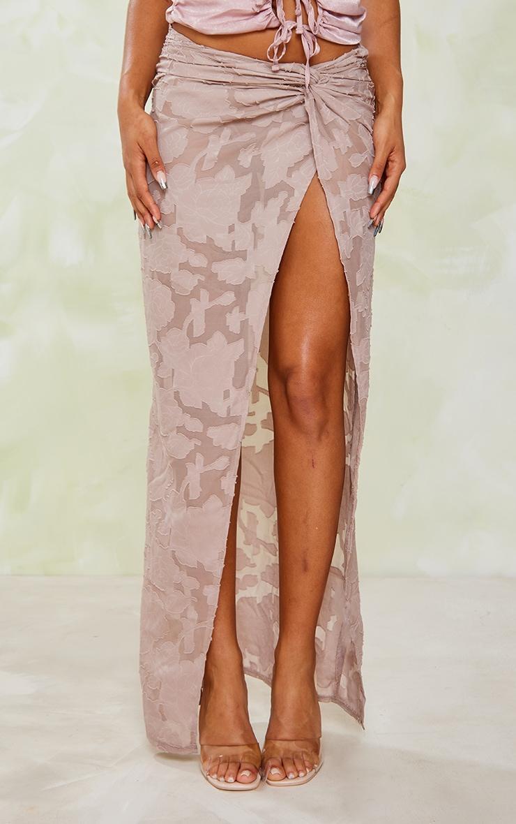 Mocha Distressed Floral Twist Detail Maxi Skirt Product Image