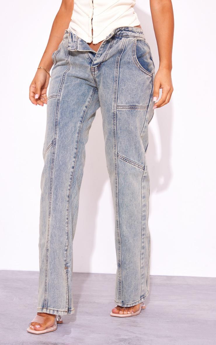 Petite Vintage Wash Seam Detail Foldover Waistband Straight Leg Jeans Product Image