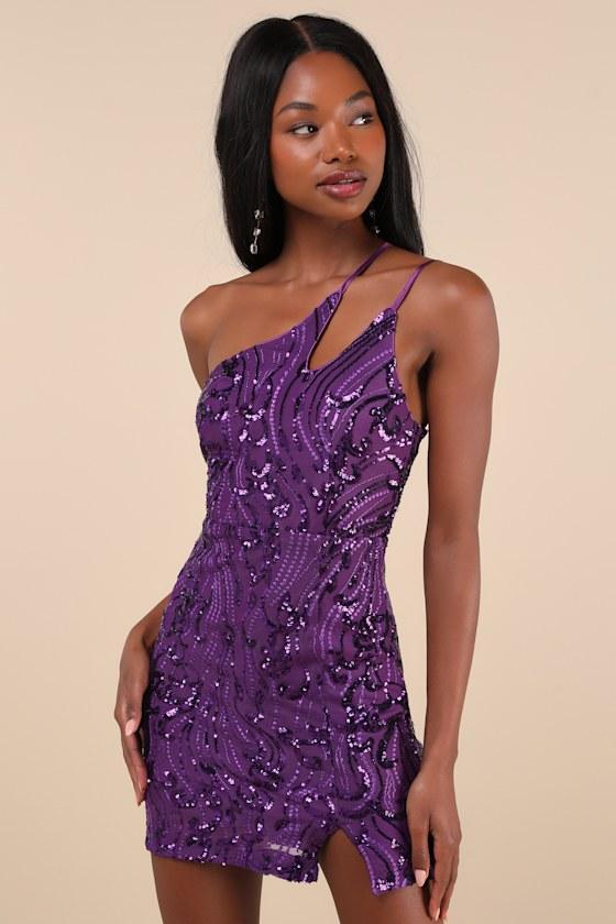 Alluring Shine Purple Sequin One-Shoulder Mini Dress Product Image