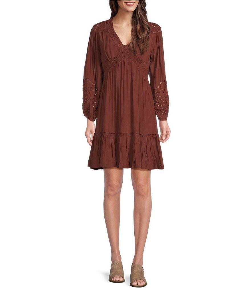 Lucky Brand Woven Smocked V-Neck Long Sleeve Mini A-Line Dress Product Image