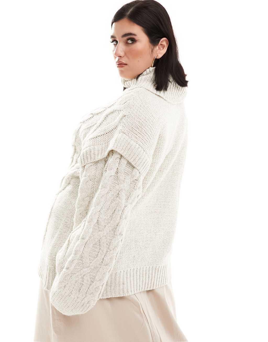 River Island Plus roll neck cable knit sweater in cream Product Image