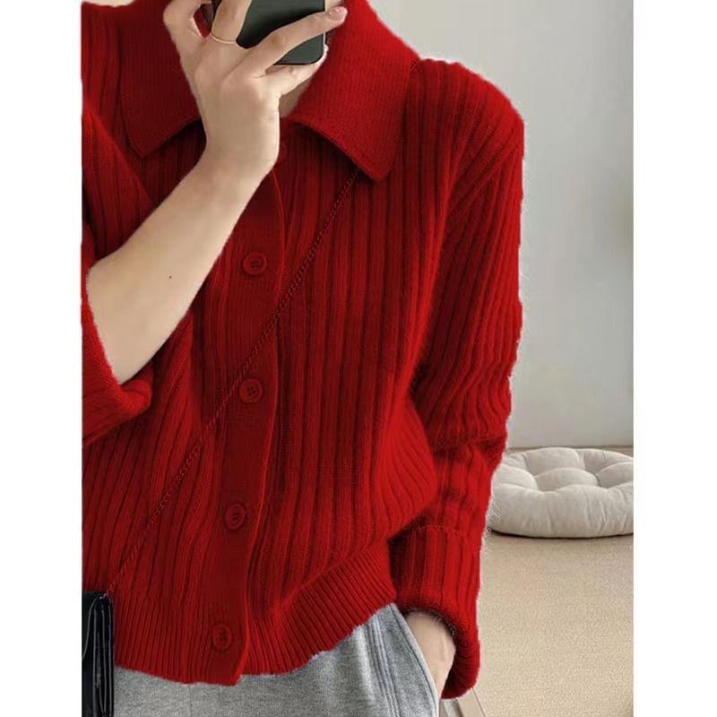 Lapel Collar Plain Button Up Ribbed Knitted Cardigan Product Image