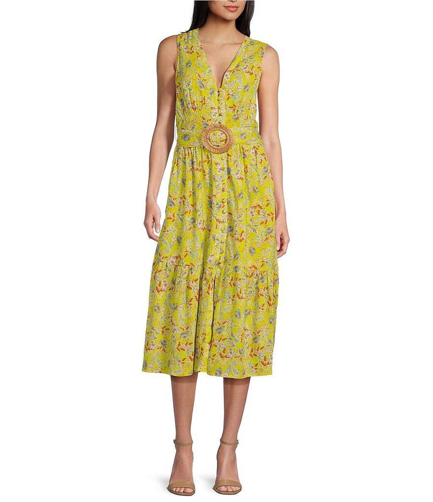 Sam Edelman Selene Self Belt Floral V Neck Sleeveless Midi Dress Product Image