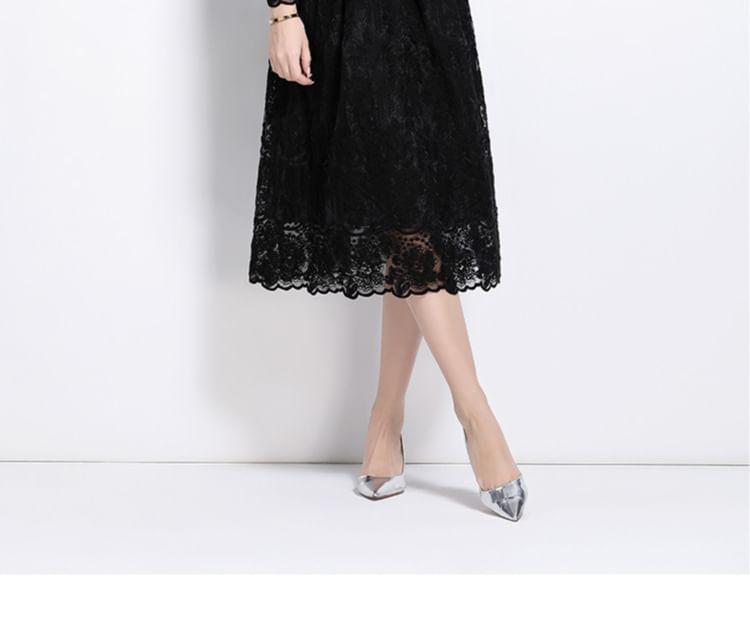 Set: Long Sleeve Crew Neck Plain Floral Embroidered Faux Pearl Button Mesh Top + High Rise Midi A-Line Skirt Product Image