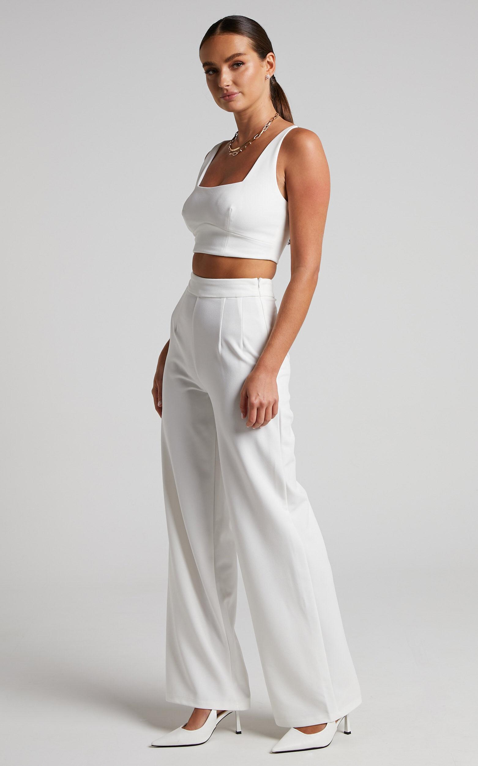 Elibeth Two Piece Set - Crop Top and High Waisted Wide Leg Pants Set in White Product Image