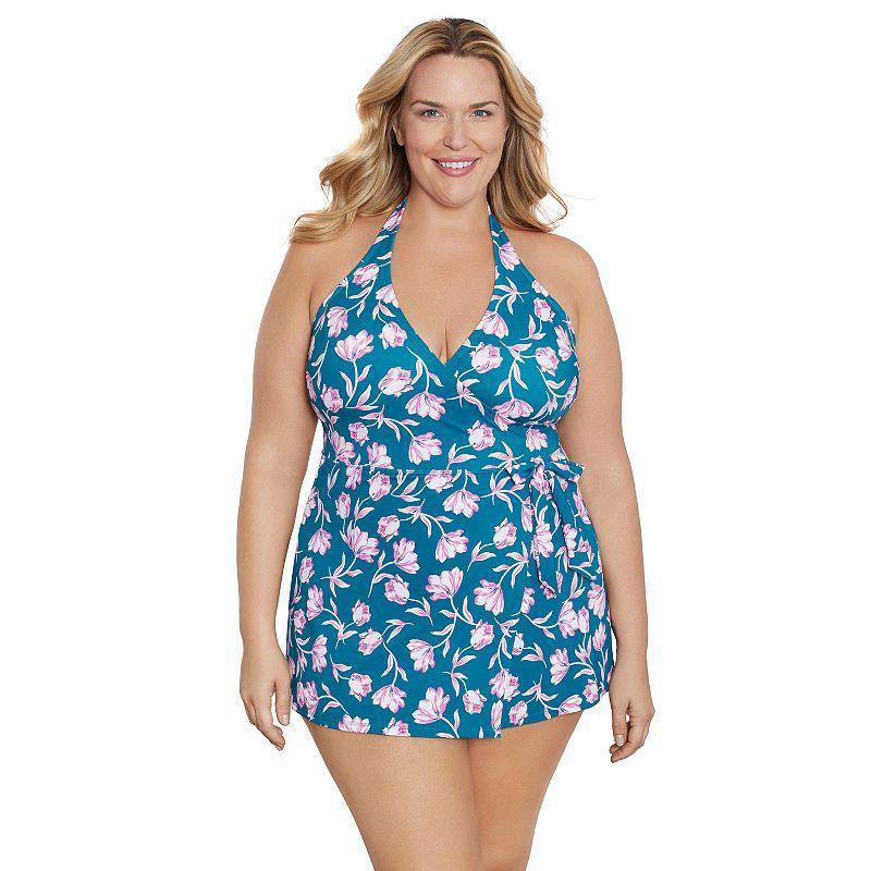 Plus Size Draper James Faux-Wrap Halter Swimdress, Womens Product Image