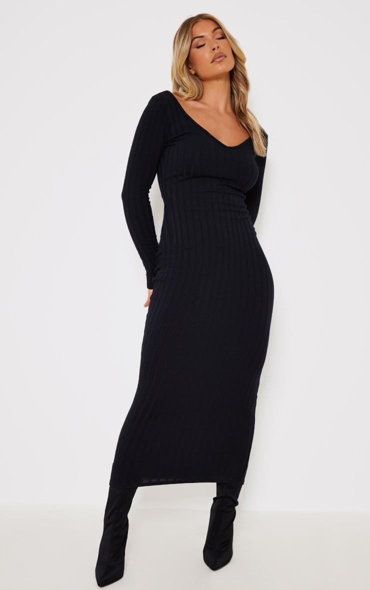 Black Wide Rib V Neck Long Sleeve Midaxi Dress product image