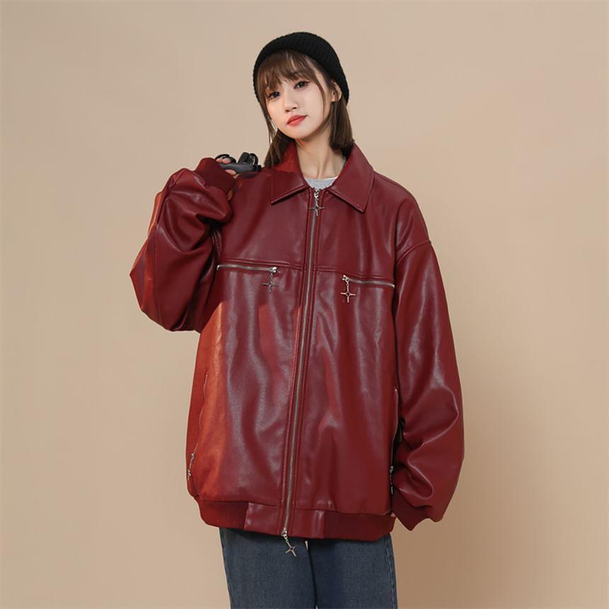 Collared Faux Leather Zip-Up Jacket Product Image