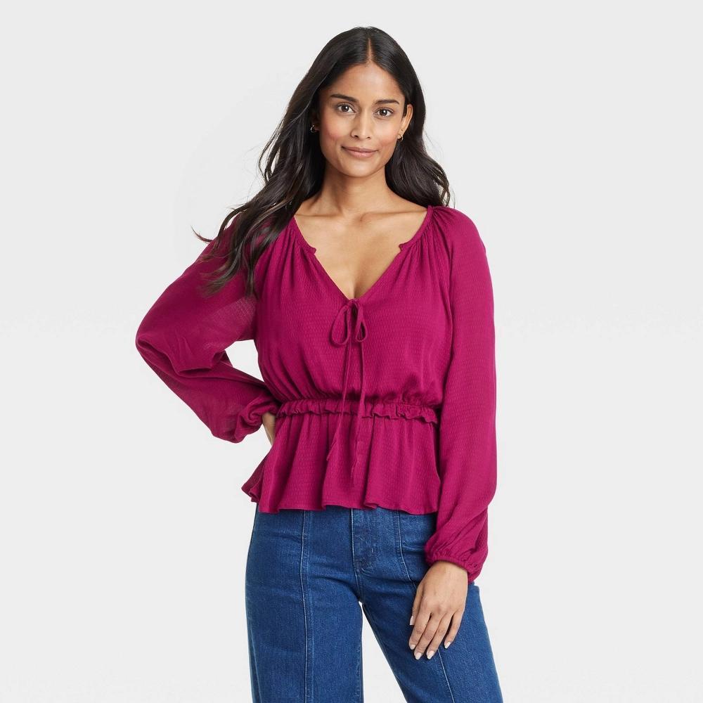 Women's Long Sleeve Tie-Front Peplum Blouse - Universal Thread™ Maroon M Product Image