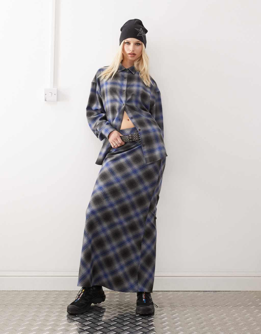 COLLUSION slip maxi skirt in gray and blue check Product Image