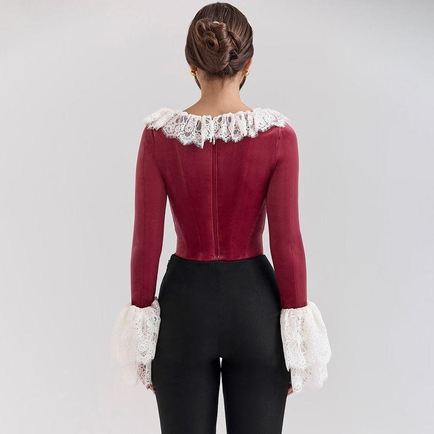 Long-Sleeve Scoop Neck Lace Panel Top Product Image