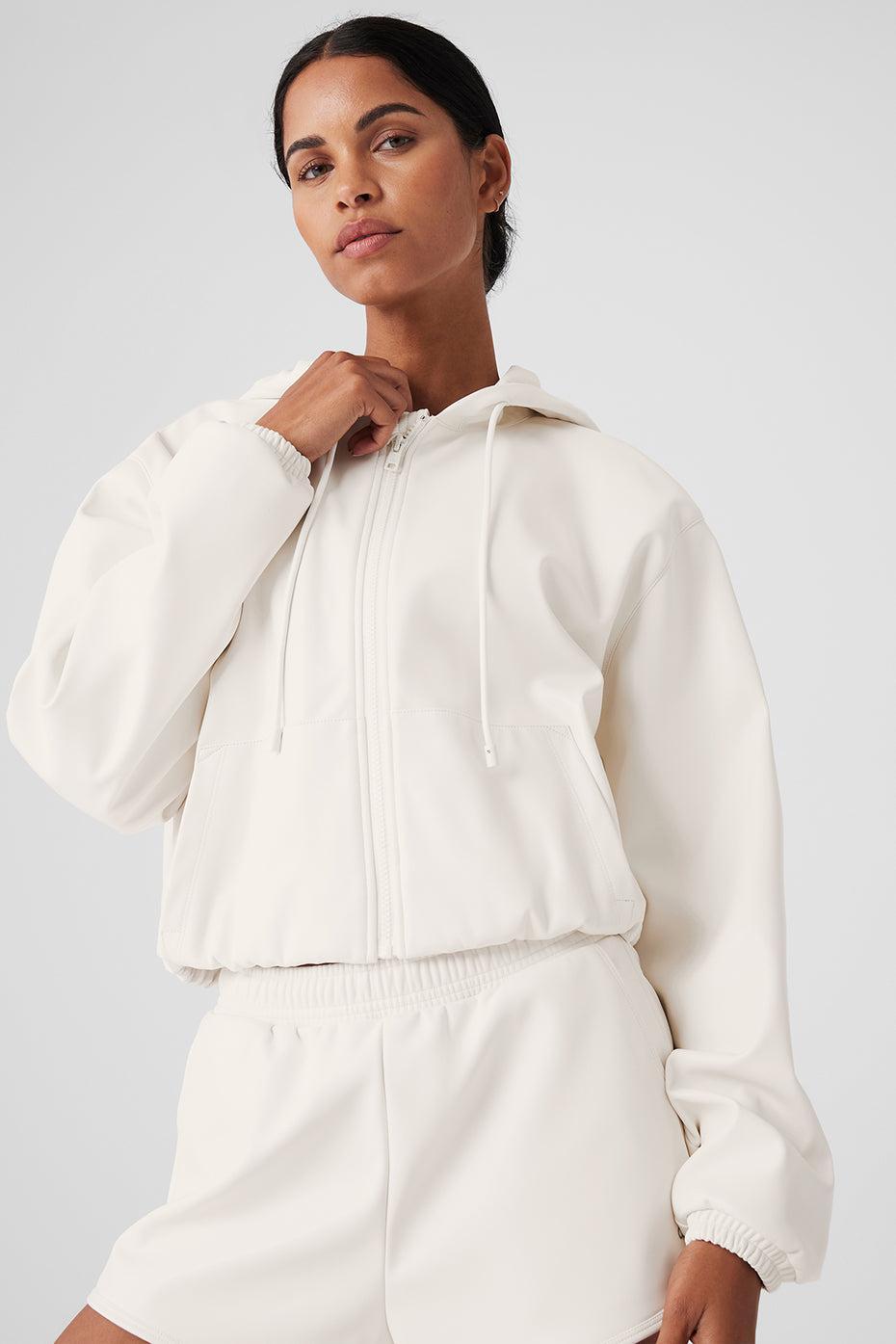 Faux Leather Power Hour Full Zip Cropped Jacket - Ivory Female Product Image