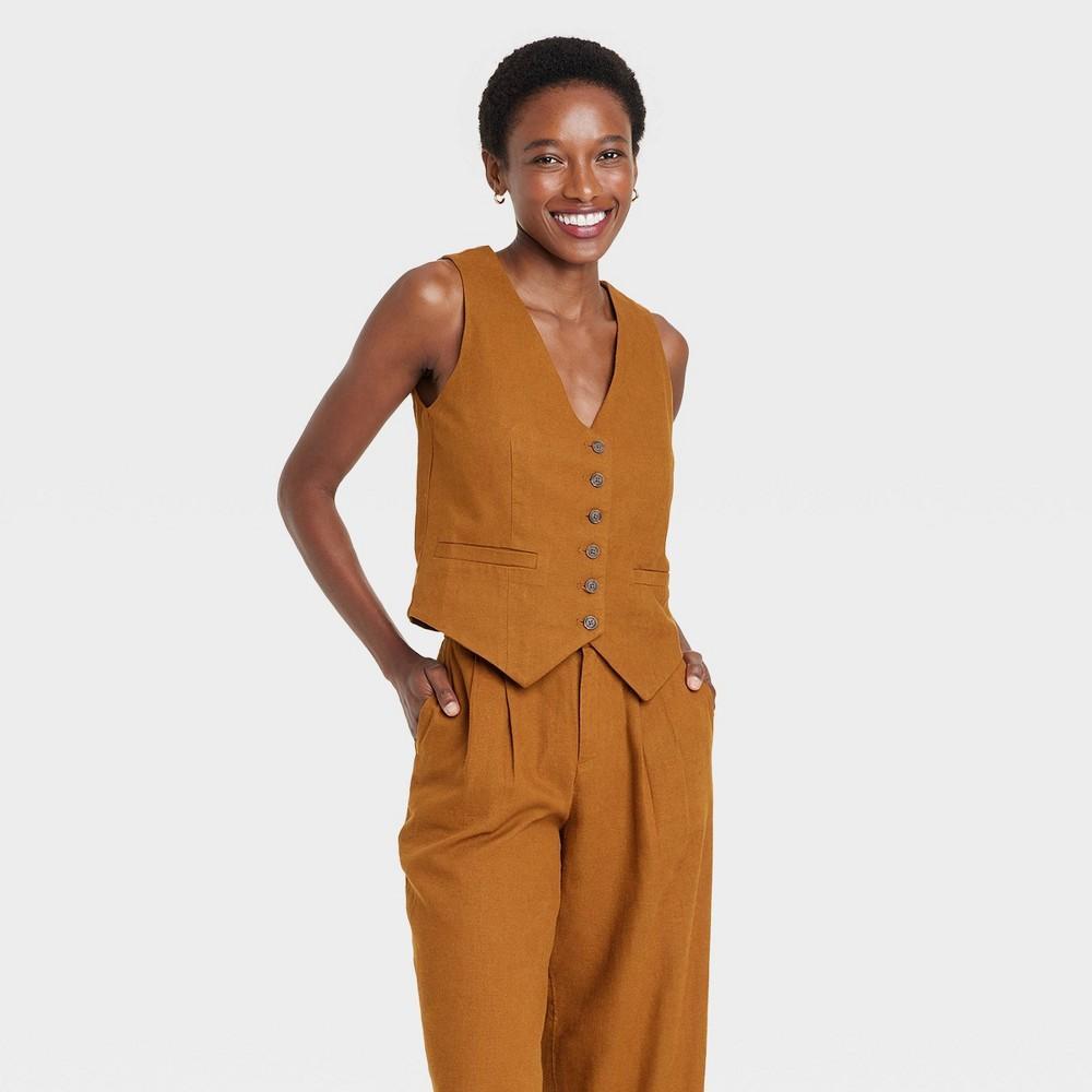 Womens Linen Tailored Suit Vest - A New Day Rust L Product Image