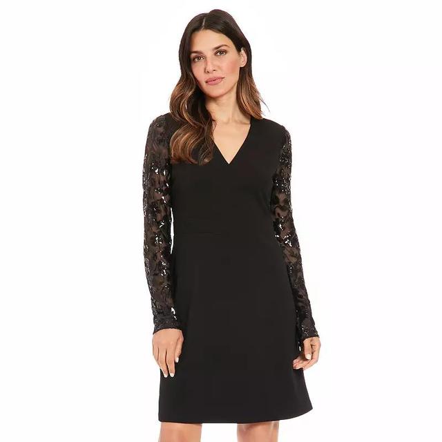 Womens London Times Long Sequin Sleeve V-Neck A-Line Dress Product Image