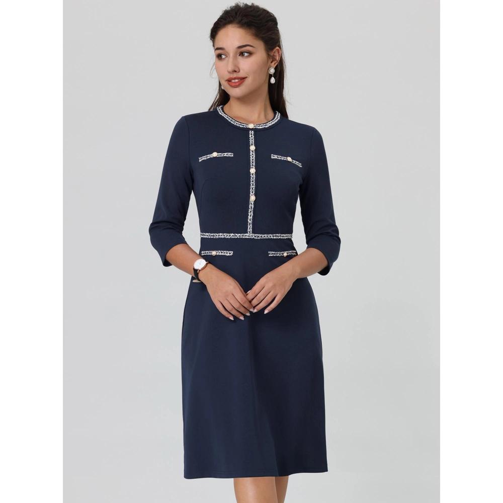 Hobemty Women's Elegant Office 3/4 Sleeve Tweed Trim Round Neck A-Line Dress Navy Blue Large Product Image