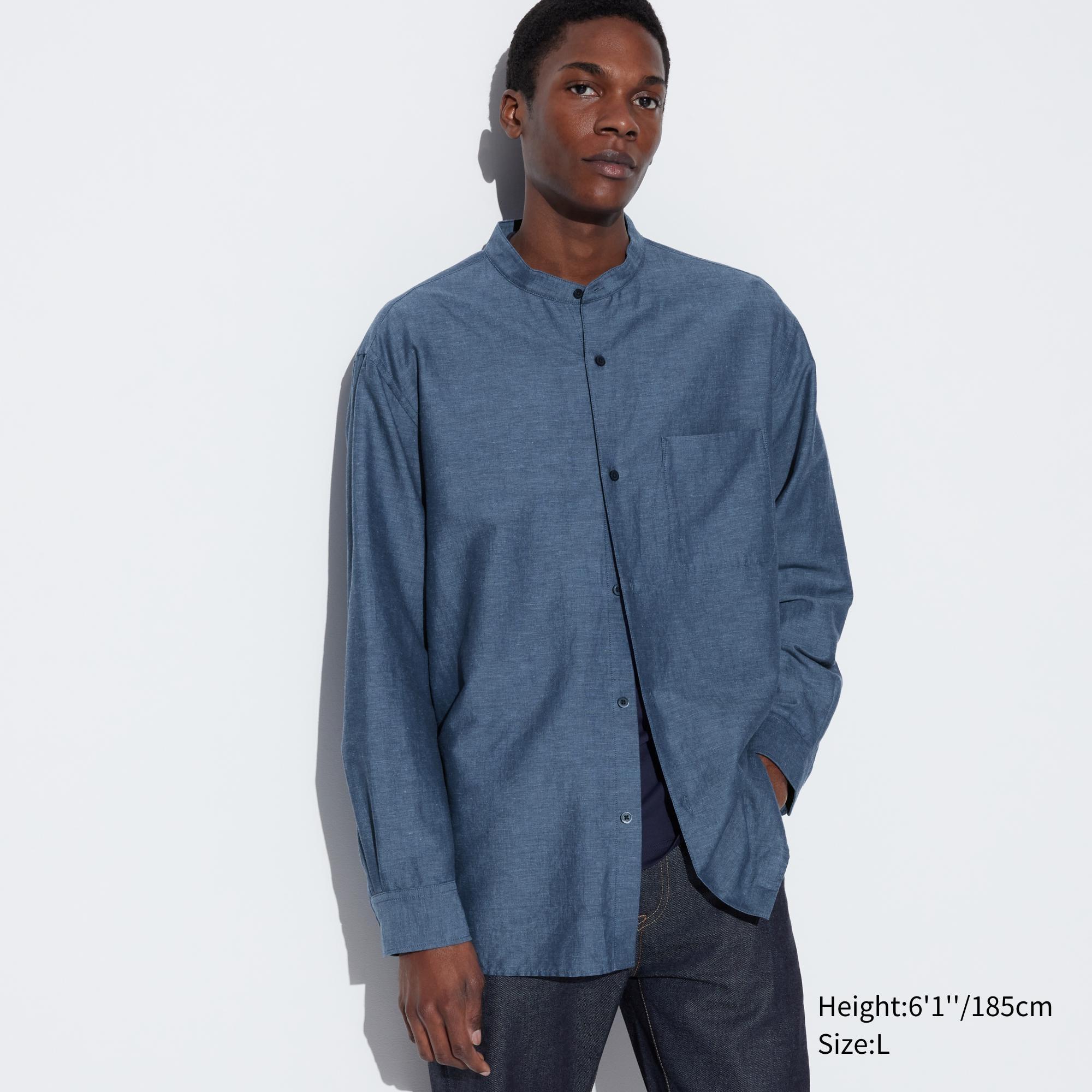 Mens Cotton Linen Stand Collar Shirt Blue XL UNIQLO US Product Image