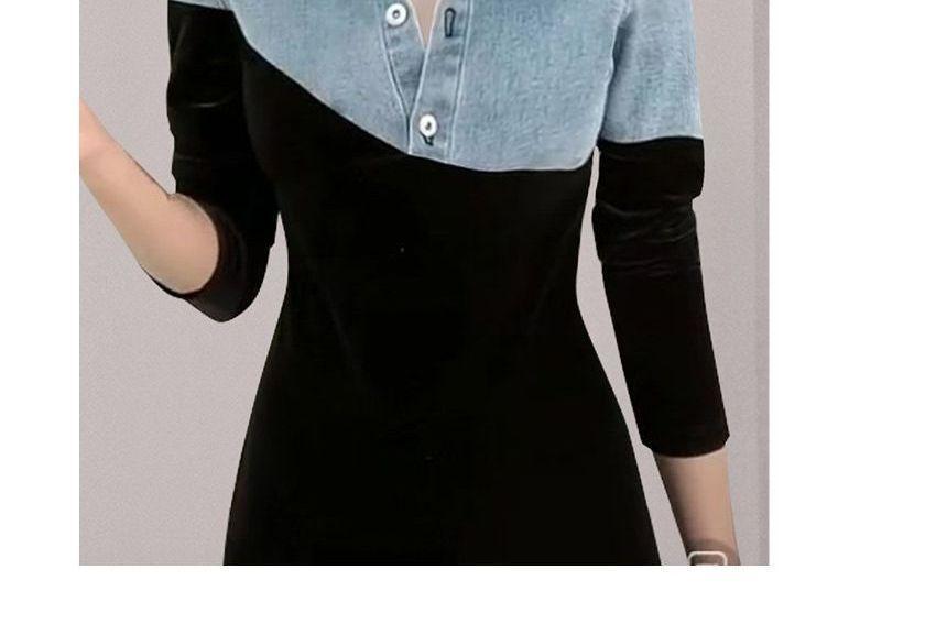 Mock Two-Piece Elbow-Sleeve Denim Panel Maxi Bodycon Dress Product Image