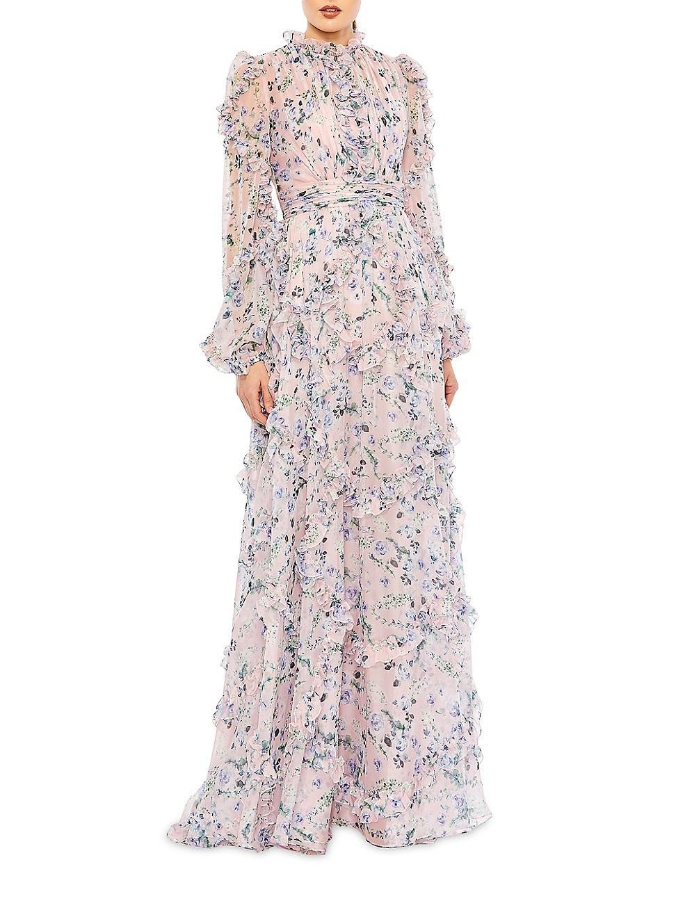 Womens Ruffled Floral Balloon-Sleeve Gown Product Image